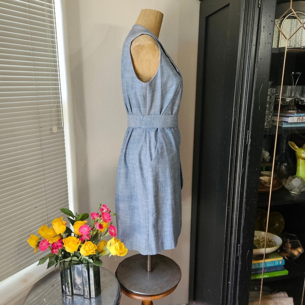 Sharagano Blue Sleeveless Wrap Dress Notch Lapel Tie Waist Women's 6 - Picture 5 of 9